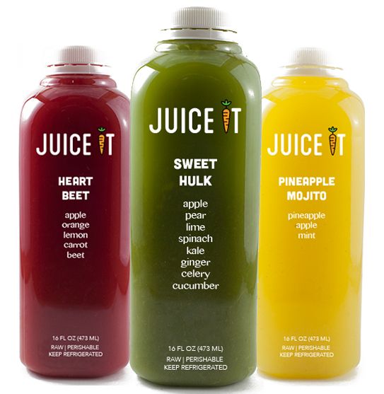 three bottles of juice sitting next to each other on a white surface with the words juice it