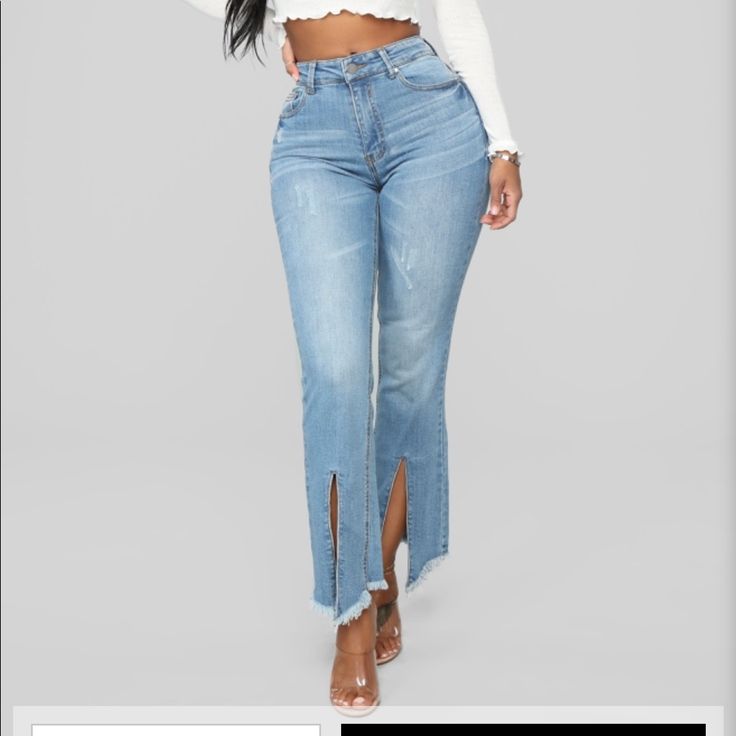 Flare Fashion Nova Jeans Light Wash Cropped Bottoms For Spring, Cropped Light Wash Bottoms For Spring, Blue Pants With Frayed Hem For Summer, Spring Light Wash Cropped Bottoms, Blue Pants With Frayed Hem For Spring, Blue Summer Pants With Frayed Hem, Chic Cropped Light Wash Bottoms, Cropped Blue Denim Pants, Fitted Cropped Blue Pants