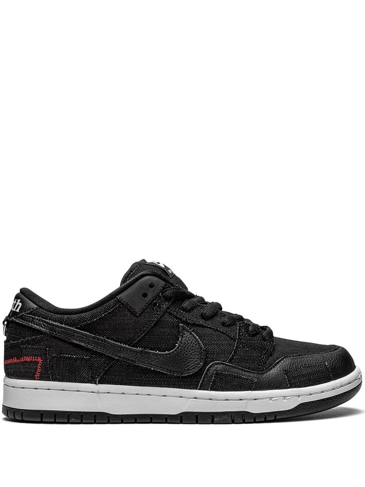 Black leather/rubber x Verdy "Wasted Youth" SB Dunk Low sneakers from NIKE featuring signature Swoosh logo detail, embroidered logo to the rear, round toe, front lace-up fastening, logo patch at the tongue, branded insole and rubber sole. These styles are supplied by a premium sneaker marketplace. Stocking only the most sought-after footwear, they source and curate some of the most hard to find sneakers from around the world.. | Nike x Verdy "Wasted Youth" SB Dunk Low sneakers Urban Mid-top Skate Shoes For Streetwear, Urban Custom Sneakers With Vulcanized Sole, Urban Style Custom Sneakers For Skateboarding, Lace-up Sneakers With Rubber Sole For Streetwear, Custom Sneakers With Gum Sole For Streetwear, Urban Sneakers With Vulcanized Sole, Hip Hop Sneakers With Round Toe For Streetwear, Mid-top Skate Shoes With White Sole For Streetwear, Hip Hop Skate Shoes With Round Toe