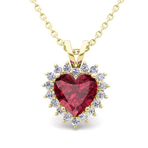 Heart-Shaped Garnet and Diamond Necklace A charming and romantic expression, this necklace showcases a 6x6mm heart-shaped garnet surrounded by glistening diamonds, all set within a 14k white or yellow gold or rose gold pendant. The enchanting piece is complemented by a 14k gold chain, completing its stunning look. Embrace the opportunity to express your love today with this delightful emerald necklace, a perfect embodiment of elegance and affection. P24108-Garnet-Dia-14k Chain Length : 18 inches Ruby Heart Pendant Necklace For Wedding, Ruby Heart Cut Gemstone Necklace, Heart-shaped Ruby Gemstone Necklace, Heart Cut Ruby Gemstone Necklace, Red Heart Cut Diamond Necklace, Ruby Heart Charm Necklace For Anniversary, Red Heart-shaped Diamond Necklace, Elegant Heart-shaped Ruby Necklace, Elegant Heart Cut Birthstone Necklace