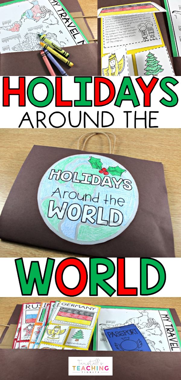 the holidays around the world booklet is shown on a table with pencils and crayons