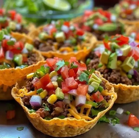 taco cups filled with meat, cheese and vegetables