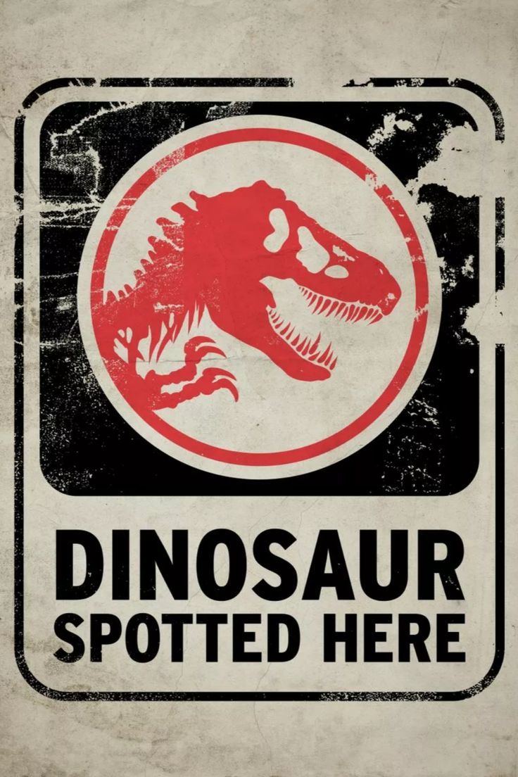 the dinosaur spotted here sign is displayed on an old white paper with red and black lettering