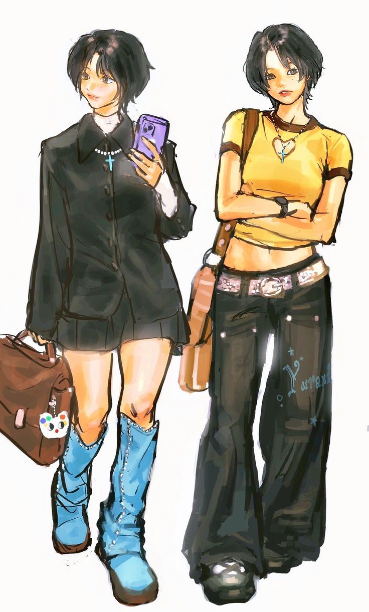 two young women standing next to each other holding cell phones in their hands and looking at the screen