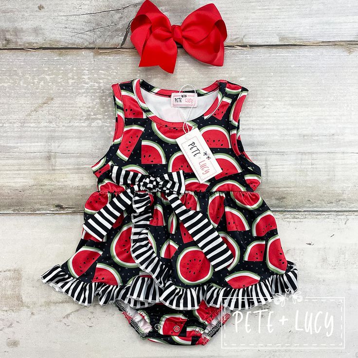 Cute sleeveless romper with bright red watermelon pattern. Bow not included. Fun Sleeveless Bubble Romper For Playtime, Playful Red Sleeveless Bubble Romper, Fitted Sleeveless Bubble Romper For Vacation, Red Bubble Romper For Summer Playwear, Summer Red Bubble Romper For Playwear, Red Bubble Romper For Summer Beach, Cute Red Bubble Romper For Playwear, Playful Fitted Red Bubble Romper, Fitted Red Bubble Romper For Summer