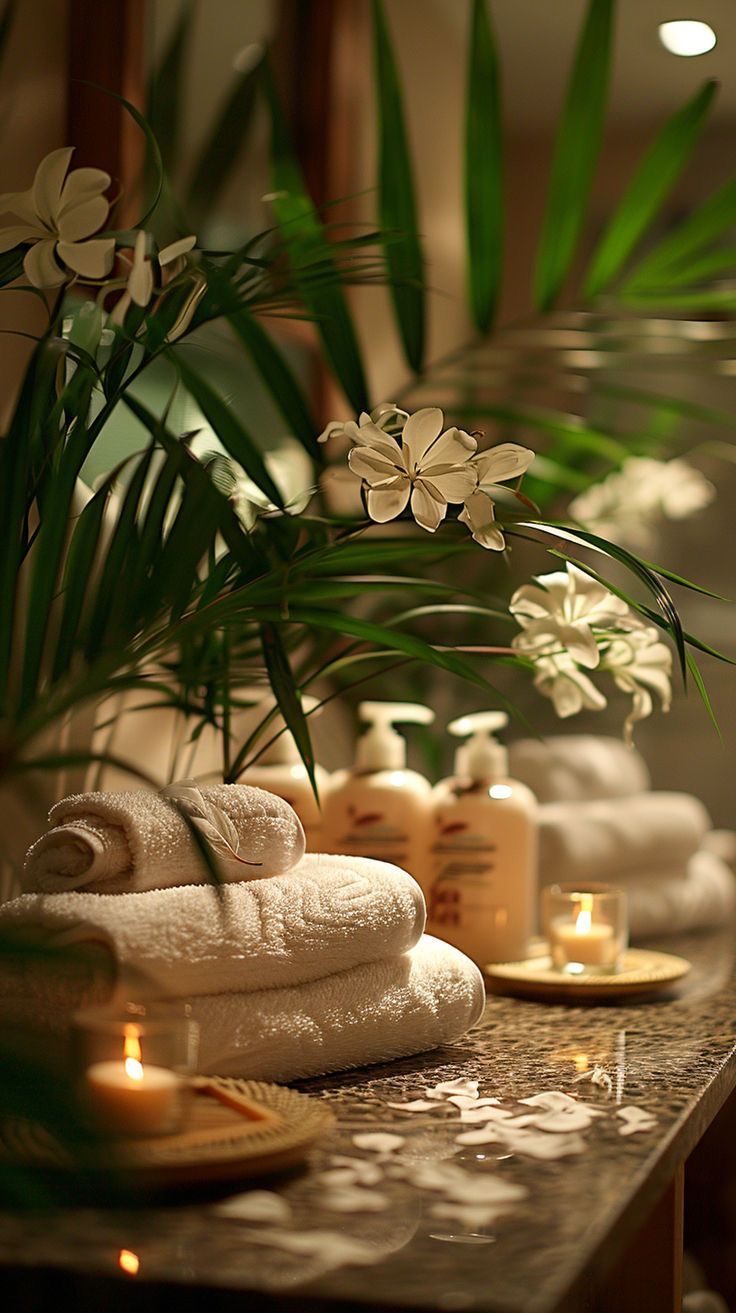 towels and candles on a table with flowers