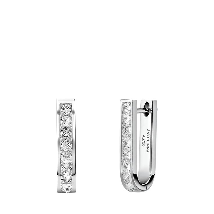 Savolinna earrings from the Be Spiked Collection 18-karat white gold Inverted princess-cut white diamonds Total diamond carat weight: 1.13 For pierced ears Imported Luxury Diamond Cut Huggie Earrings For Wedding, Luxury Channel Set Hoop Huggie Earrings, Timeless White Gold Baguette Cut Diamond Earrings, Luxury Diamond Huggie Earrings For Weddings, Baguette Cut White Gold Earrings With Diamond Accents, Silver Diamond Earrings For Everyday Luxury, Fine Jewelry White Gold Baguette Cut Diamond Earrings, Diamond Cut Silver Diamond Earrings For Everyday Luxury, Luxury Silver Diamond Earrings For Everyday Luxury