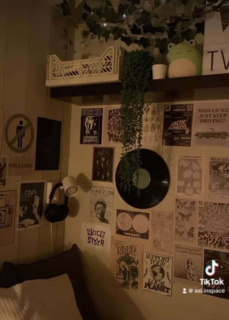 there is a wall with pictures on it and plants growing out of the top shelf