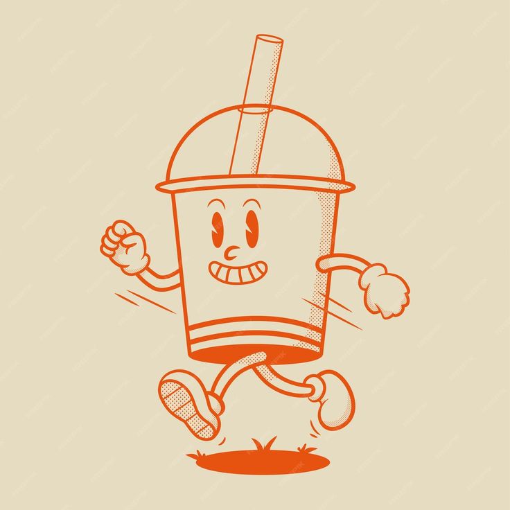 an orange and white drawing of a coffee cup running with its hands in the air