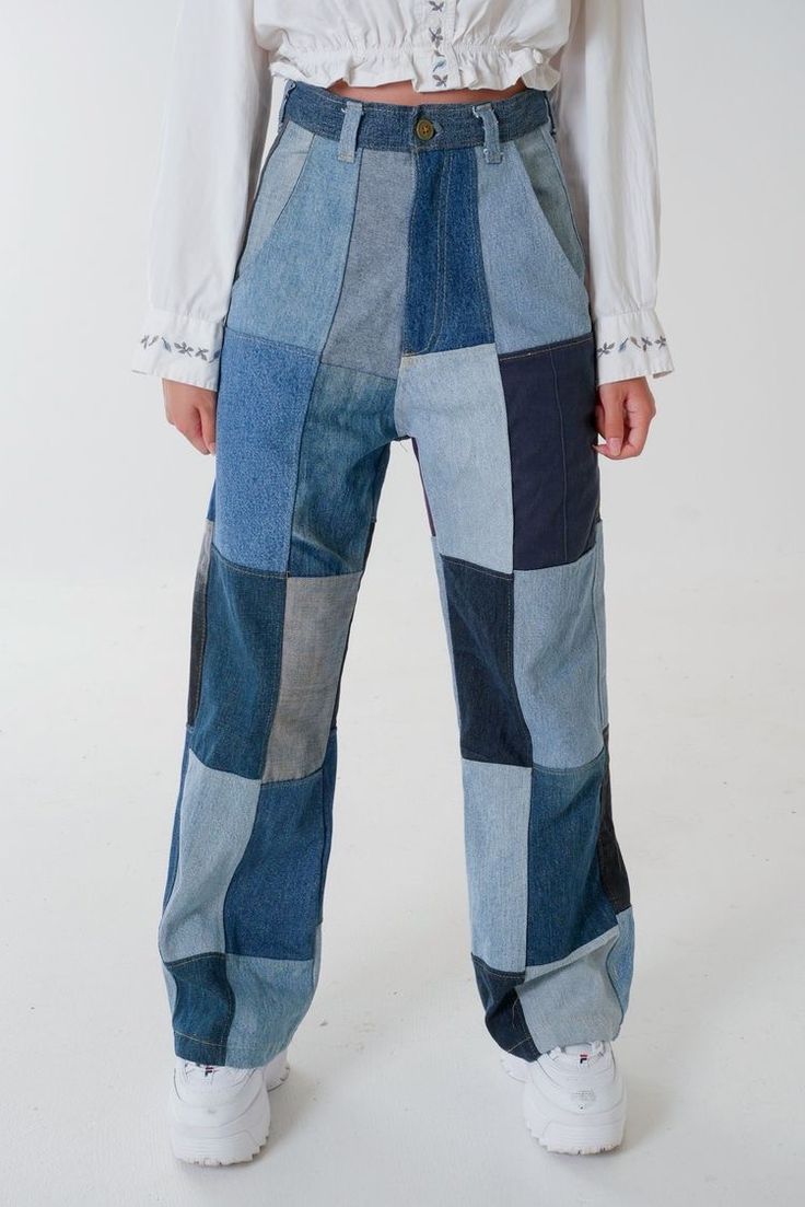 Patchwork Jeans Outfit, Denim Patchwork Jeans, Denim Clothes, Diy Jeans, Moda Denim, Diy Vetement, Square Pants, Moda Jeans, Patchwork Denim