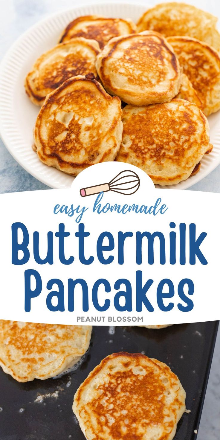 easy homemade buttermilk pancakes on a pan with the title overlay reading easy homemade buttermilk pancakes