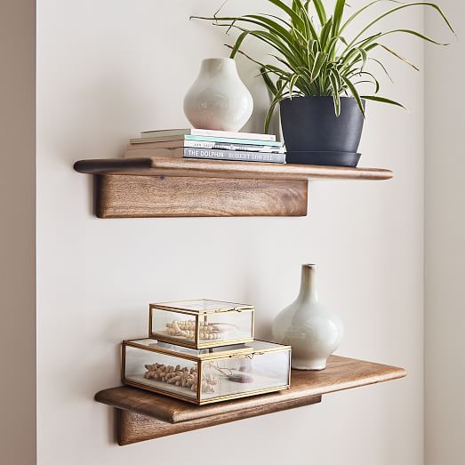 two wooden shelves with plants and boxes on them