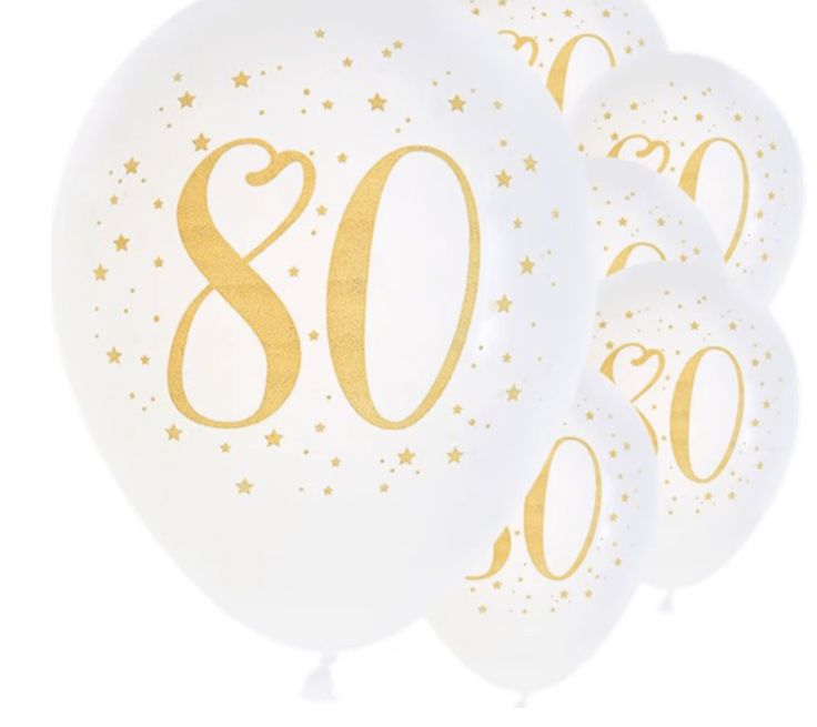 white and gold balloons with the number 80 printed on them, set against a white background