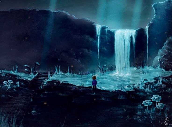 a person standing in front of a waterfall with light coming from the sky above it