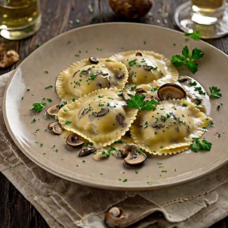 three ravioli with mushrooms and parsley on a plate next to two wine glasses