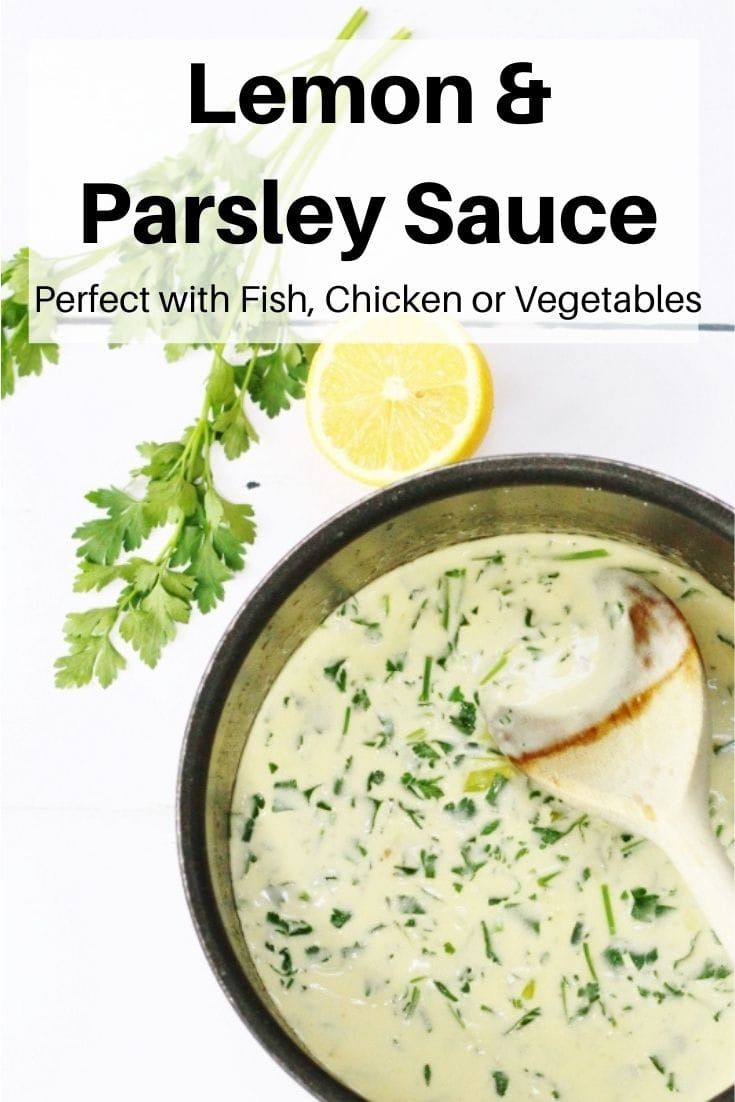 lemon and parsley sauce in a bowl with a spoon