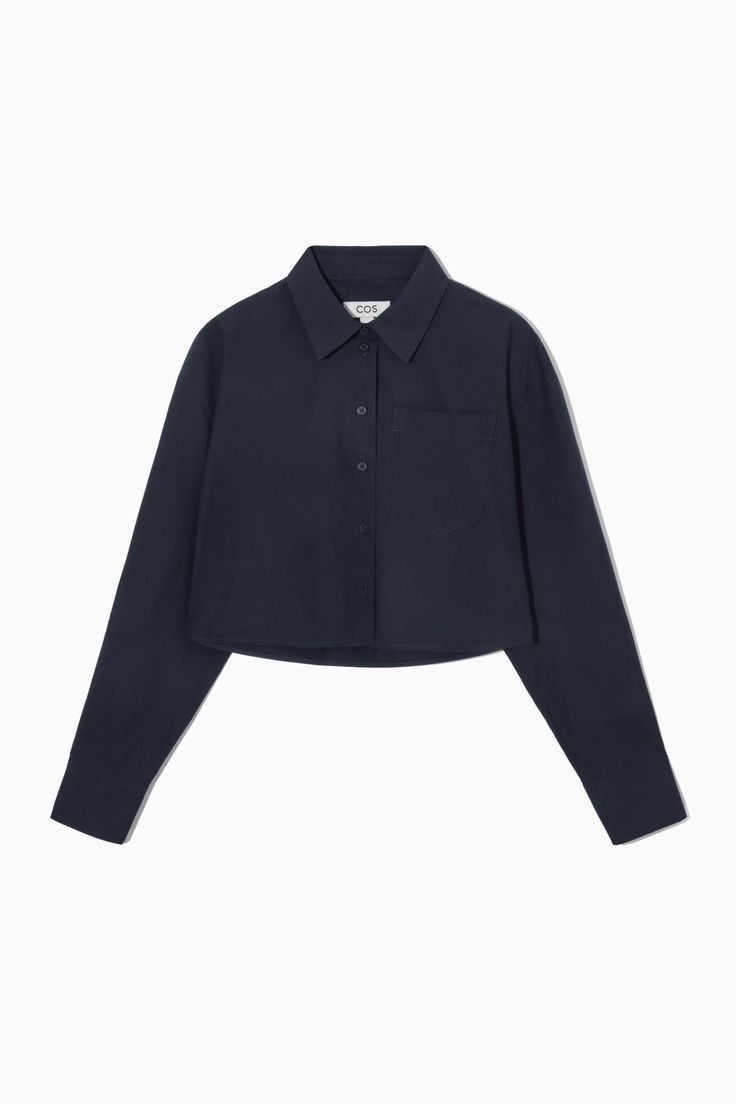 CROPPED POPLIN SHIRT - NAVY - COS Navy Blue Collared Shirt, Timeless Knitwear, Women Magazines, Genetically Modified, Cropped Shirt, Navy Shirt, Poplin Shirt, High Waisted Trousers, Blue Shirt