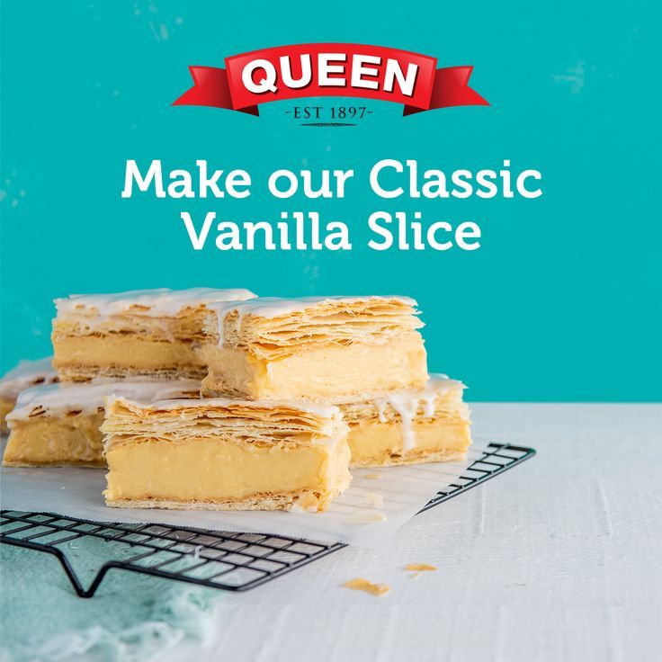 the cover of queen's make our classic vanilla slice is shown on a cooling rack