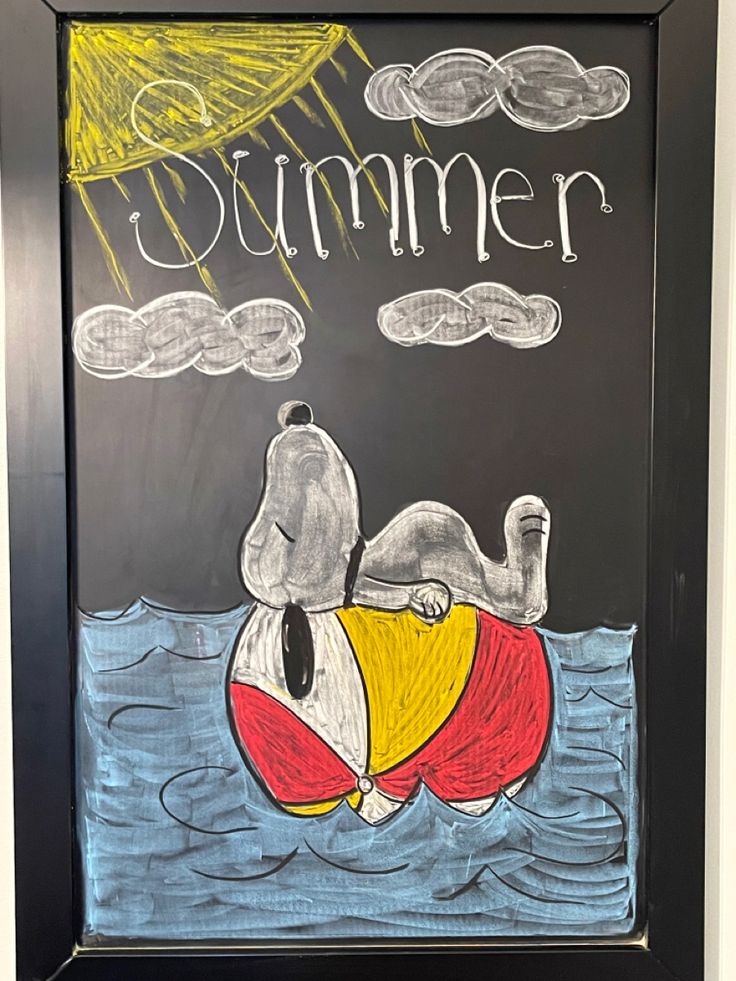 a chalkboard drawing of a man floating in the ocean with words summer written on it