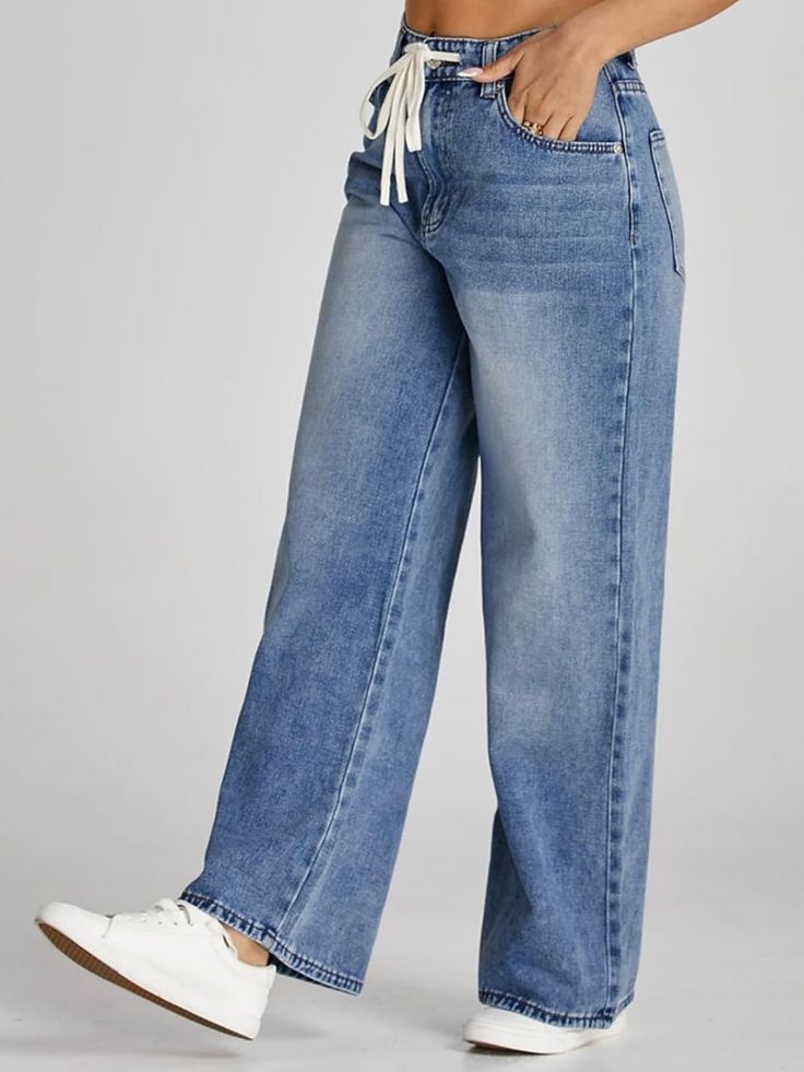 Casual style. European design. Wide leg pants. Buttons front closure. Zipper closure. Tied on front. Pockets on sides, front and back. 90% cotton, 10% polyester. Color may be lighter or darker depending of the device it is displayed. Wide-leg Denim Bottoms With Drawstring, Wide Leg Denim Bottoms With Drawstring, Wide-leg Denim Jeans With Drawstring, Wide Leg Denim Jeans With Drawstring, Denim Blue High Rise Bottoms With Drawstring, High Rise Denim Blue Bottoms With Drawstring, Mid-rise Denim Bottoms With Drawstring, Cotton Wide-leg Jeans With Drawstring, Wide Leg Cotton Jeans With Drawstring