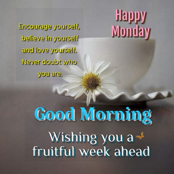 a cup and saucer with a flower on it saying good morning wishing you a fruitful week ahead