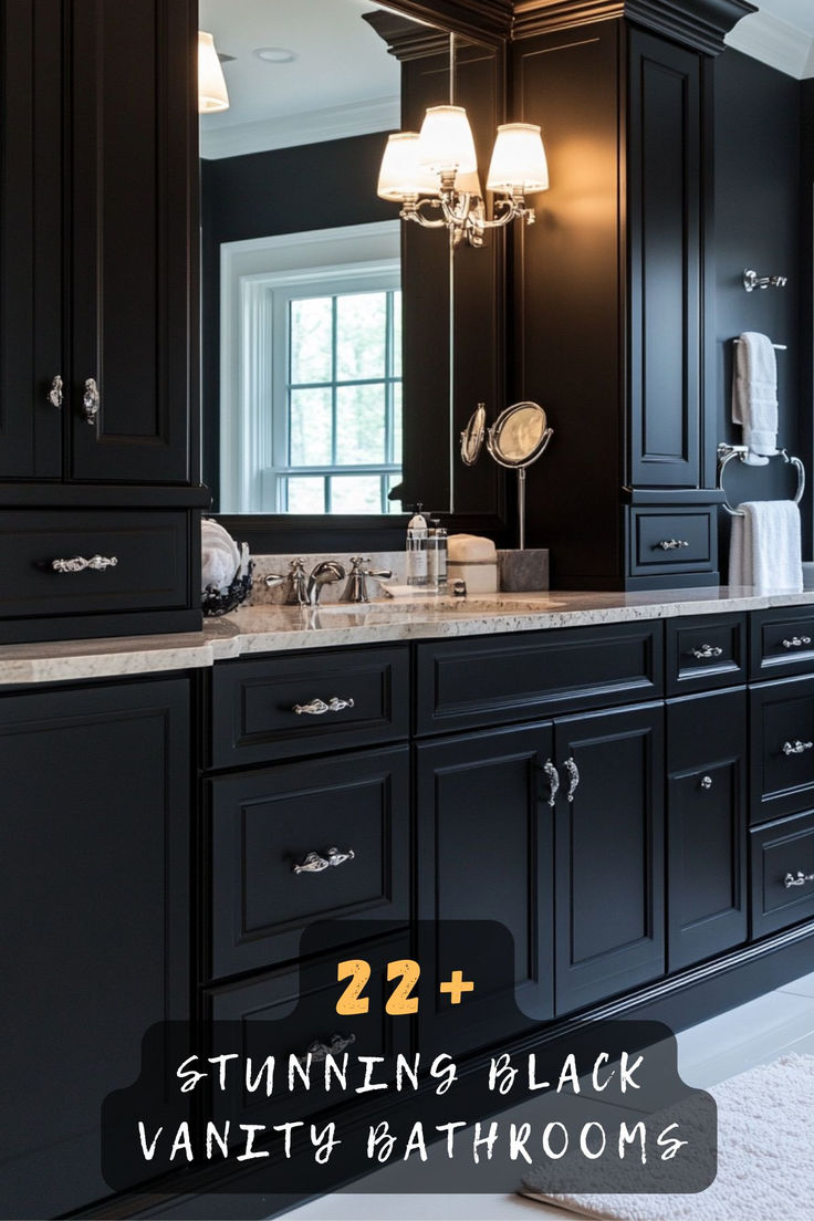 a large bathroom with black cabinets and marble counter tops is featured in the article 22 stunning black vanity bathrooms