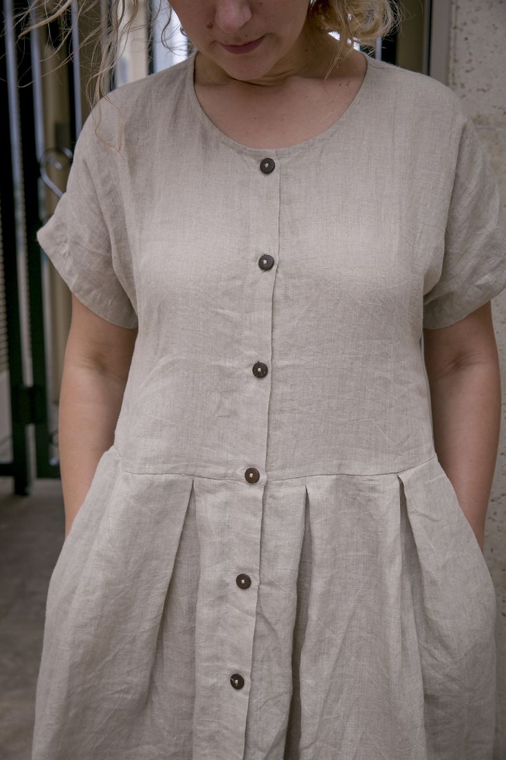 - 100% European flax - pre-washed/pre-shrunk - light weight linen - soft and comfortable - great texture and lovely wrinkles Casual Linen Dress With Short Sleeves, Casual Short Sleeve Linen Dress, Casual Neutral Linen Dress For Daywear, Relaxed Fit Linen Dress With Buttons, Casual Neutral Linen Day Dress, Beige Linen Dress With Buttons, Casual Linen Dress With Buttons, Casual Beige Linen Dress With Short Sleeves, Casual Flax Linen Dress For Daywear