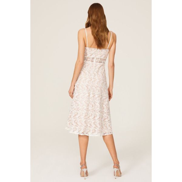 White lace (100% Polyester). Hourglass. V-neck. Sleeveless. Back zipper closure. 46.5" from shoulder to hemline. Imported. Lace Midi Dress With Lace Trim For Cocktail, Delicate Lace Sleeveless Dress For Party, Sleeveless Delicate Lace Midi Dress For Party, Sleeveless Midi Dress With Delicate Lace For Party, Spaghetti Straps Lace Dress For Cocktail, Lace Midi Dress With Lace Bodice For Date Night, Summer Cocktail Lace Dress With Lace Bodice, Cocktail Sleeveless Midi Dress With Lace Bodice, Sleeveless Midi Dress With Lace Bodice For Cocktail