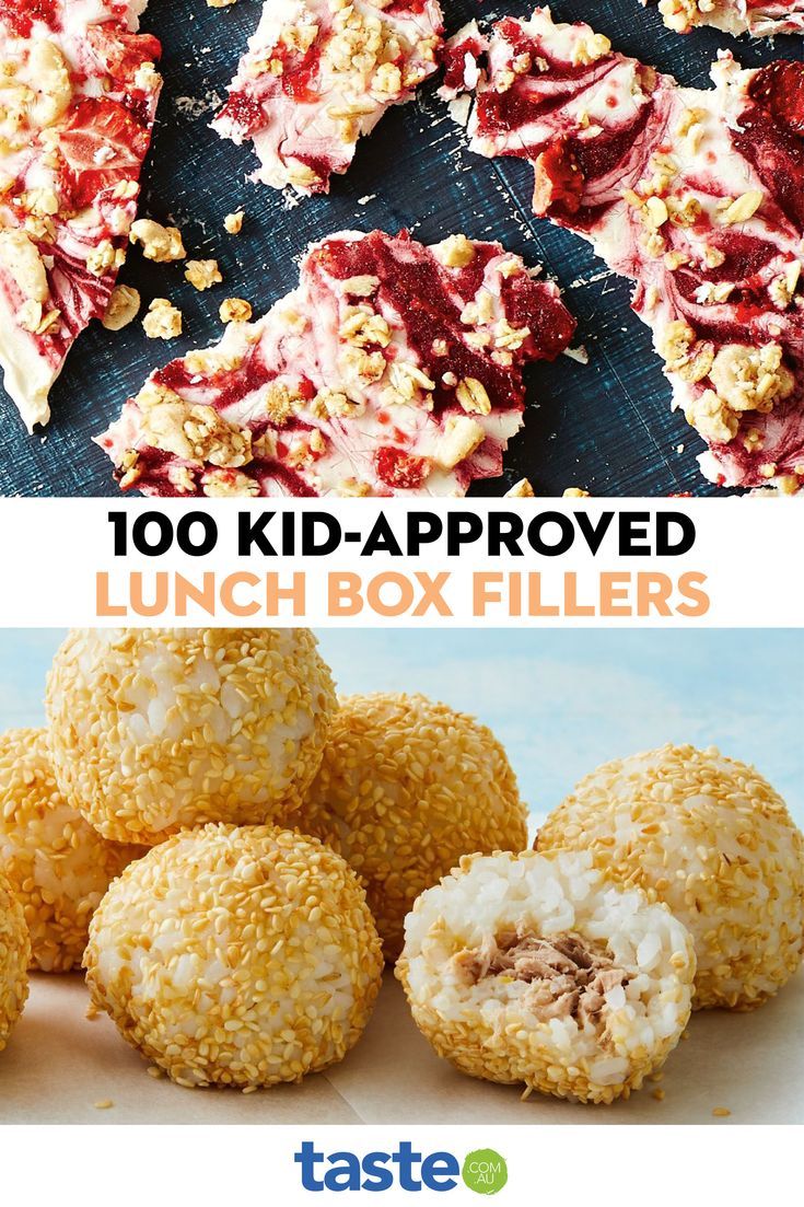 some kind of food that is on top of a table with the words 100 kid - approved lunch box fillers