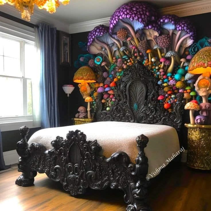 an ornate bed with colorful decorations on the headboard