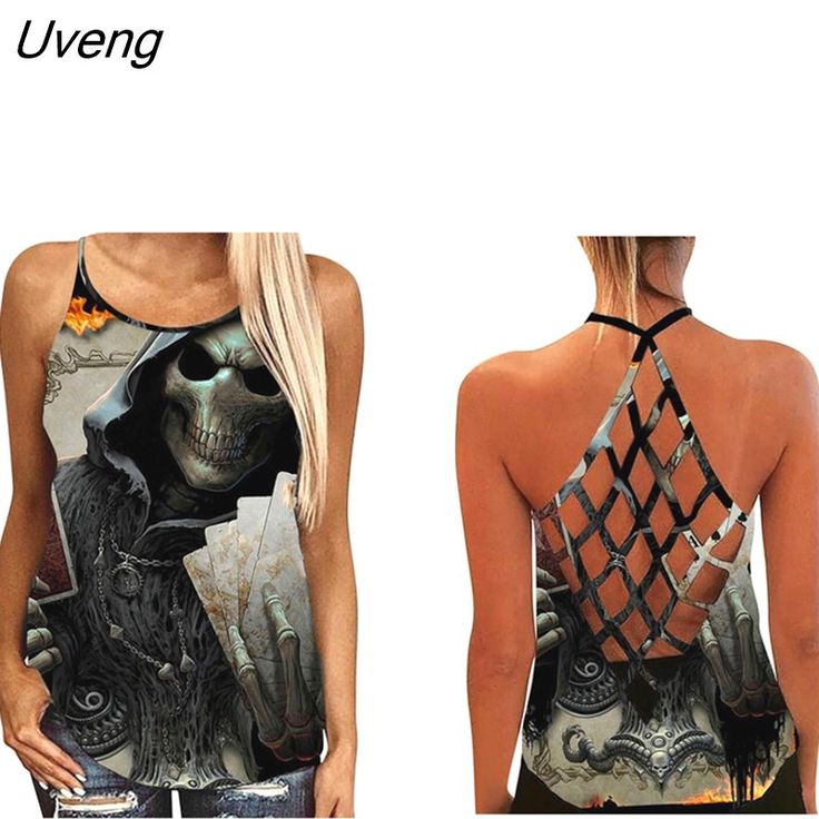 Uveng Women Sunflower Skull Sexy Hollow Out Open Back Suspender Vest Sleeveless Tank Top Female Backless Loose Camisole Tank Halloween St Patrick's Day Outfit, White Long Sleeve Shirt, Sleeves Clothing, Brunch Outfit, Elegant Shirt, Women Shirts Blouse, Sleeveless Vest, Sleeveless Tank Top, Sleeveless Tank