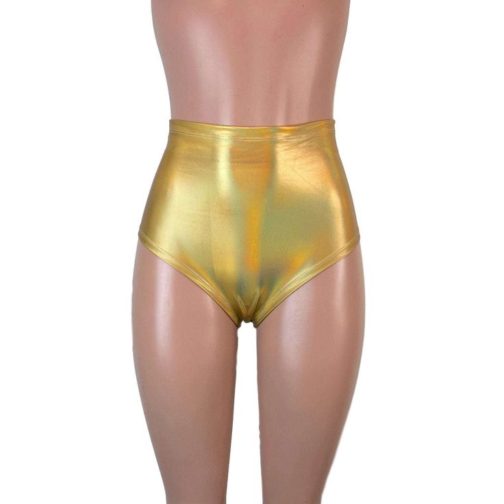 Our classic high waist hot pants with scrunch ruching detail in back to offer a "cheekier" look. These hot pants are made of stretchy gold opal holographic spandex and sit high on your natural waist. Wear as a bikini bathing suit bottom, panties, rave shorts, running shorts, etc. They have a built in liner and are made to be flattering to your figure. Gold Stretch Shiny Bottoms, Fitted Shiny Gold Bottoms, High Waist Dancewear Bottoms For Summer, Stretch Shiny High Waist Pants, High Waist Stretch Shiny Pants, Gold Stretch Bottoms For Party, Gold Fitted Bottoms For Club Wear, Gold Fitted Bottoms For Club, Fitted Gold Bottoms For Club Wear