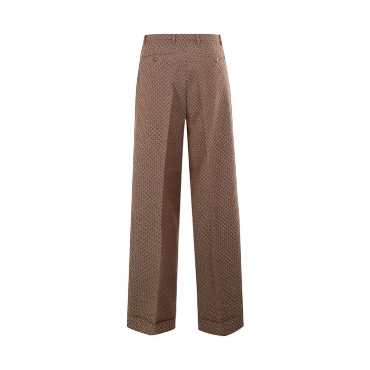 Gucci's wide-leg pants in beige damier wool with GG mini motif, featuring button/zip closure, belt loops, multiple pockets, and stitched turned-up hem. Makeup Travel Case, Wool Trousers, Wool Pants, Travel Makeup, Turn Up, Beauty Accessories, Modern Woman, Leg Pants, Accessories Design