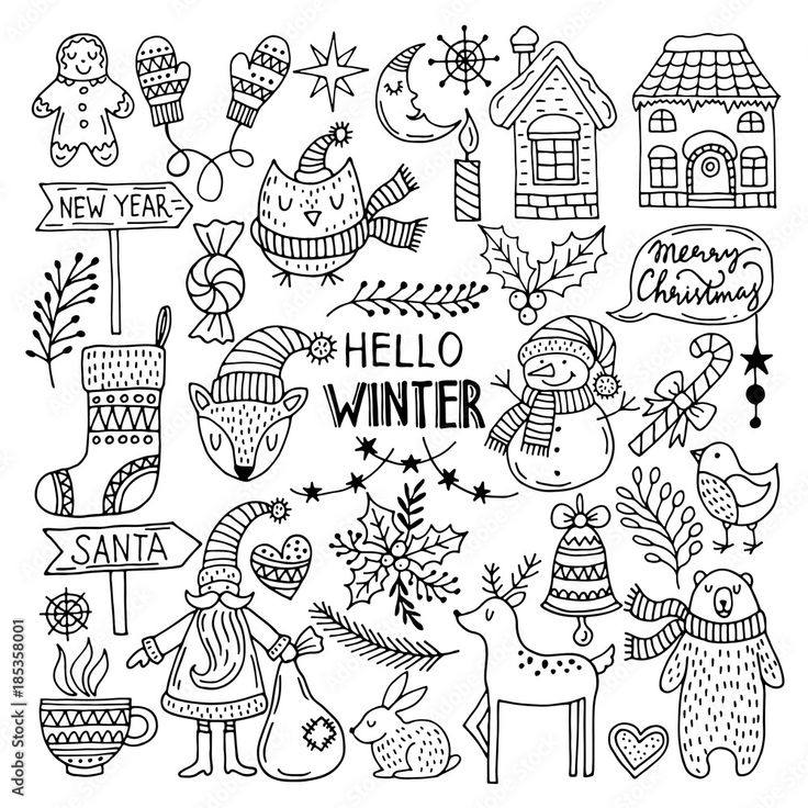 hand drawn winter doodles in black and white with the words hello winter on it