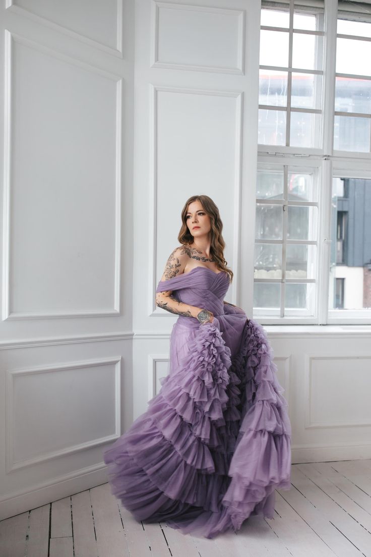 Transform into a majestic fairy tale princess  with our magical floor-length purple dress.  Perfect for weddings, proms, and photo sessions,  it features a voluminous skirt and satin lace on the back  for an extra touch of enchantment.  Be the belle of the ball and make your special occasion truly unforgettable! Message me for custom details. Gown With Ruffles, Fairy Tale Princess, Voluminous Skirt, Tulle Gown, Purple Dress, Dress Clothes For Women, Fairy Tale, Photo Sessions, Floor Length