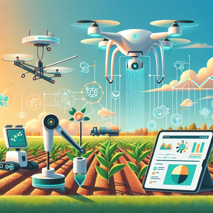 an artist's rendering of a farm field with a laptop and flying devices in the background