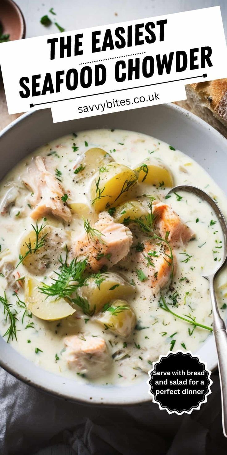 a bowl of seafood chowder with potatoes and dill on the side text reads, the easier seafood chowder