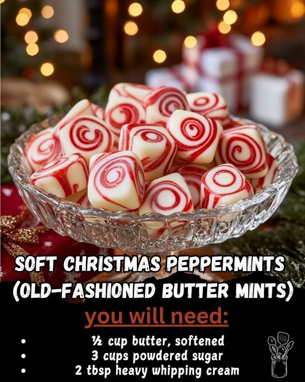 a glass bowl filled with peppermints on top of a table next to christmas decorations