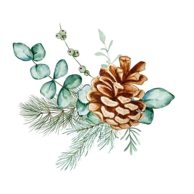 a watercolor painting of a pine cone and leaves