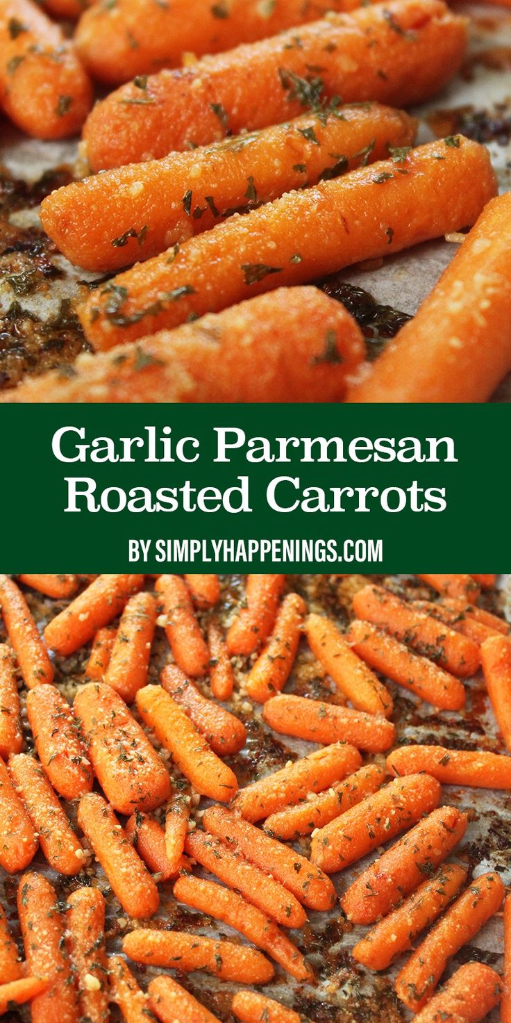 garlic parmesan roasted carrots in a pan with the title overlaying