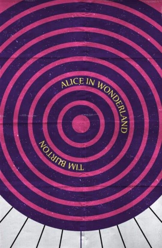 the poster for alice in wonderland, which features an image of a pink and purple spiral