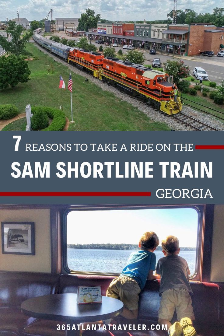 two children looking out the window at a train on the tracks with text overlay that reads 7 reasons to take a ride on the sam shortline train in georgia