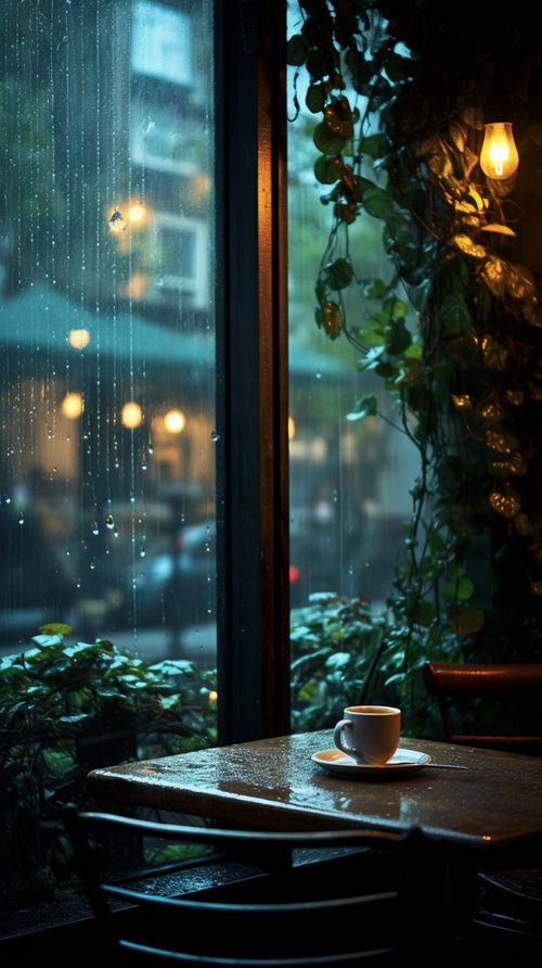 a coffee cup sitting on top of a wooden table next to a window covered in rain