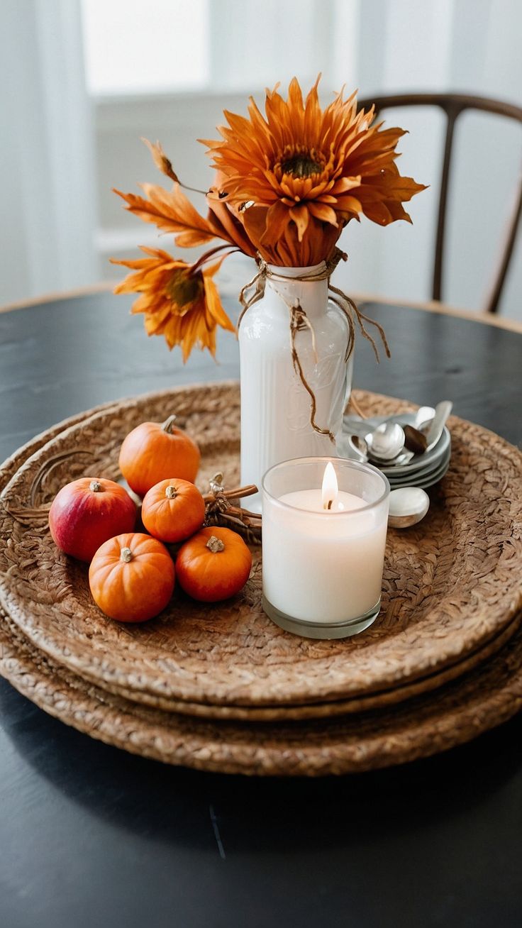 there is a vase with flowers and candles on the table next to some pumpkins