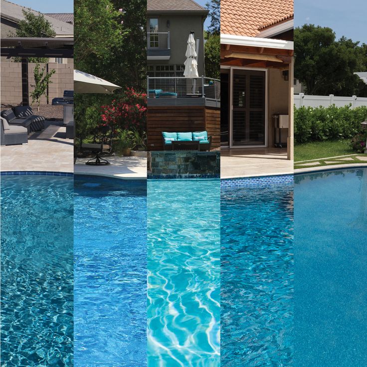 a pool with different shades of blue and green in front of a house on the other side