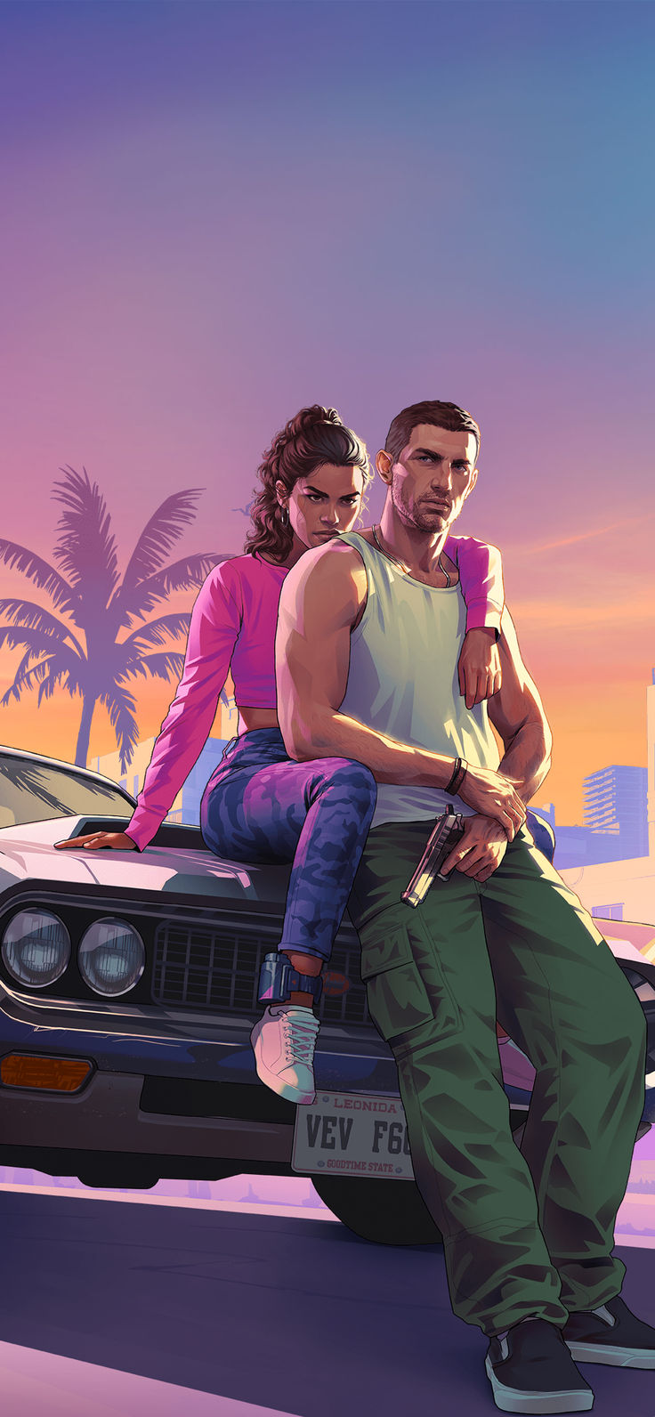 a man and woman sitting on the hood of a car with palm trees in the background