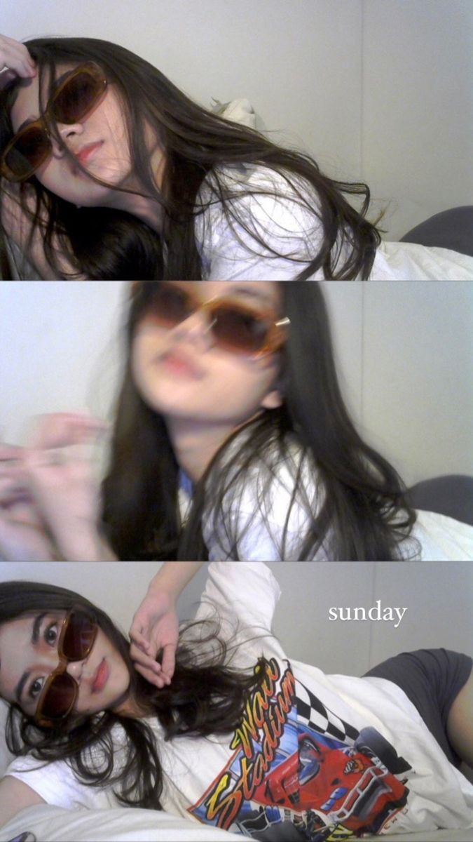 two pictures of a woman laying on top of a bed next to each other and wearing sunglasses