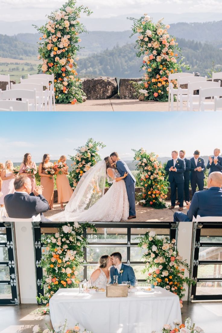 a couple getting married in front of an outdoor ceremony with orange flowers and greenery