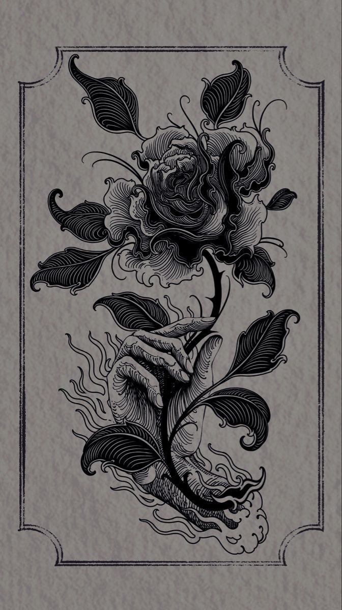 a black and white drawing of a rose on a piece of paper with swirls