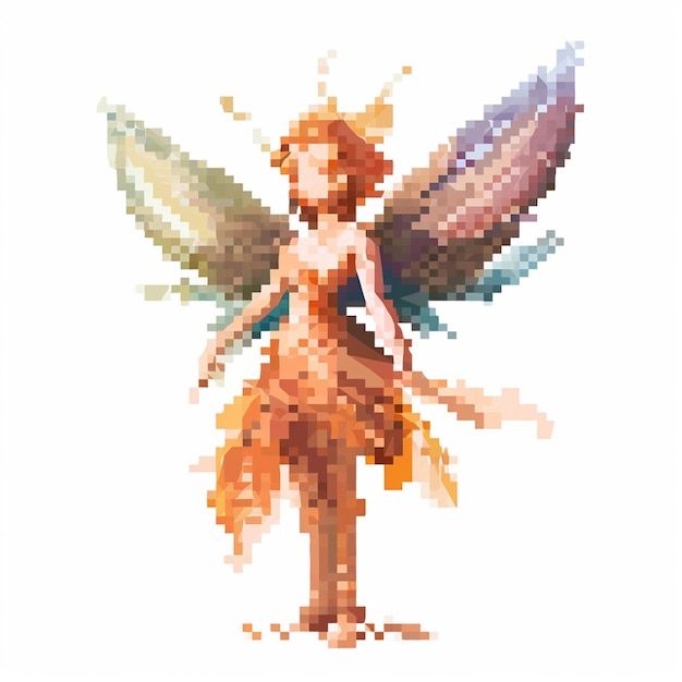 a pixelated image of a fairy with wings on her chest and legs, standing in front of a white background